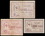 Guiamets. 25, 50 céntimos y 1 peseta. (T. 1386 a 1388). 3 billetes, todos los de la localidad. BC/EBC.