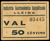 Lleida. Industria Gastronòmica Socialitzada. 50 céntimos. (AL. 3451). Cartón nº 05445. Raro. MBC+.