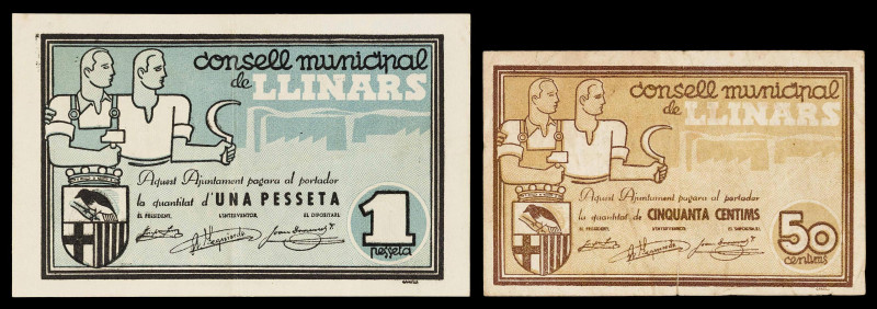 Llinars del Vallès. 50 céntimos y 1 peseta. (T. 1546 y 1547). 2 billetes, todos ...