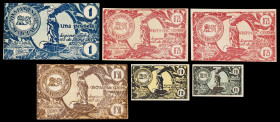 Malgrat. 5, 10, 25 (dos), 50 céntimos y 1 peseta. (T. 1610 a 1612, 1612 var, 1613b y 1614). 6 billetes, una serie completa, dos sin numeración. MBC-/E...