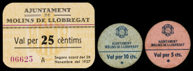 Molins de Llobregat. 5, 10 y 25 céntimos. (T. 1731, 1732f y 1733). 3 cartones, 2 redondos. Escasos. MBC/EBC.