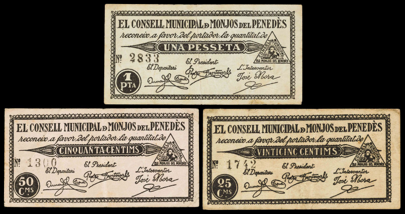 Els Monjos del Penedès. 25, 50 céntimos y 1 peseta. (T. 1755 a 1757). 3 billetes...