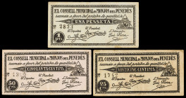 Els Monjos del Penedès. 25, 50 céntimos y 1 peseta. (T. 1755 a 1757). 3 billetes, serie completa. Escasos. BC+/MBC-.