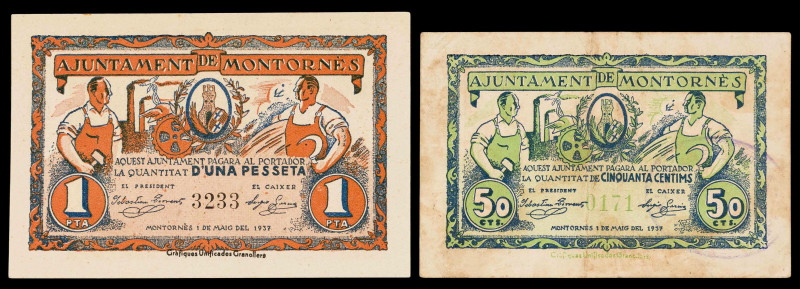 Montornès del Vallès. 50 céntimos y 1 peseta. (T. 1827c y 1828). 2 billetes, tod...