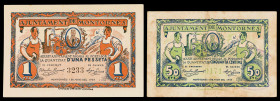 Montornès del Vallès. 50 céntimos y 1 peseta. (T. 1827c y 1828). 2 billetes, todos los de la localidad. El de 50 céntimos, nº 0171. MBC-/EBC.