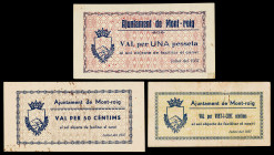 Mont-roig del Camp. 25, 50 céntimos y 1 peseta. (T. 1836, 1837 y 1838a). 3 billetes, serie completa. MBC/EBC.