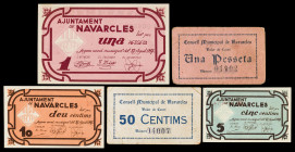 Navarcles. 5, 10, 50 céntimos y 1 peseta (dos). (T. 1885a, 1886a, 1887, 1890 y 1891). 3 billetes y 2 cartones, 2 series completas. Escasos. BC+/EBC.