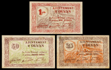 Olvan. 25, 50 céntimos y 1 peseta. (T. 1959a, 1960a y 1961). 3 billetes, todos los de la localidad. BC/BC+.