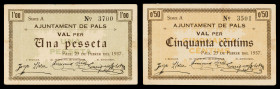 Pals. 50 céntimos y 1 peseta. (T. 2050 y 2051). 2 billetes, todos los de la localidad. Escasos. MBC-/MBC+.