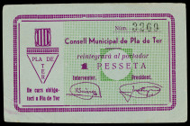 El Pla de Ter. 1 peseta. (T. 2148a). Único billete emitido por esta localidad. MBC+.