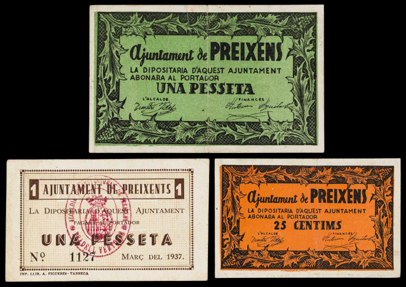 Preixens. 25 céntimos y 1 peseta (dos). (T. 2305, 2307 y 2308). 3 billetes, una ...