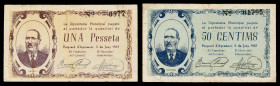 Puigverd d'Agramunt. 50 céntimos y 1 peseta. (T. 2355 y 2356). 2 billetes, todos los de la localidad. Raros. BC+.
