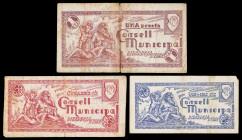 Ribarroja d'Ebre. 25, 50 céntimos y 1 peseta. (T. 2431 a 2433). 3 billetes, serie completa. Escasos. BC/BC+.