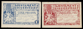 Riudebitlles. 50 céntimos y 1 peseta. (T. 2489 var y 2490 var). 2 billetes, ambos sin numeración. Raros. MBC+/EBC-.