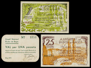 Riudor de Bages. 25 céntimos y 1 peseta (dos). (T. 2508a, 2509 y 2510). Un cartón y 2 billetes, todos los de la localidad. MBC-/MBC.