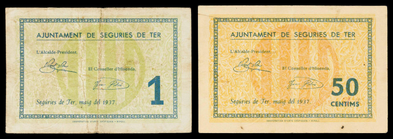 Segúries de Ter. 50 céntimos y 1 peseta. (T. 2677 y 2678). 2 billetes, serie com...