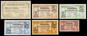 Solsona. 25, 50 céntimos (dos) y 1 peseta (tres). (T. 2777, 2778 y 2780 a 2783). 6 billetes, una serie completa. La peseta de la emisión de septiembre...