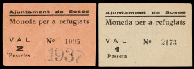 Soses. Moneda per a refugiats. 1 y 2 pesetas. (T. falta) (T. Edición 2007, nº 2405 y 2406). 2 billetes. MBC/S/C.