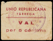 Tàrrega. Unió Republicana. 5 céntimos. (AL. 3374). Cartón. Rotura. Raro. BC+.