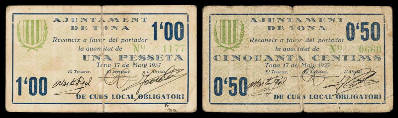 Tona. 50 céntimos y 1 peseta. (T. 2894b y 2895a). 2 cartones, todos los de la lo...