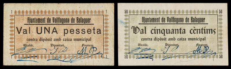 Vallfogona de Balaguer. 50 céntimos y 1 peseta. (T. 3081 y 3082). 2 billetes, se...