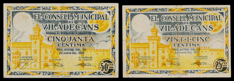 Viladecans. 25 y 50 céntimos. (T. 3201 y 3202). 2 billetes. MBC-/EBC.