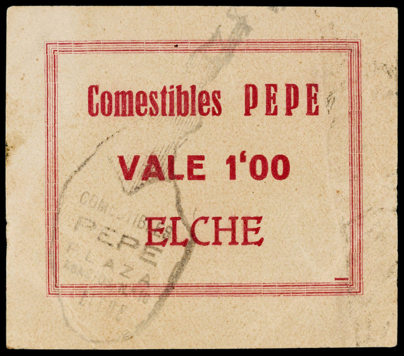 Elche (Alicante). Comestibles Pepe. 1 peseta. (T. falta) (KG. falta) (RGH. 2284)...