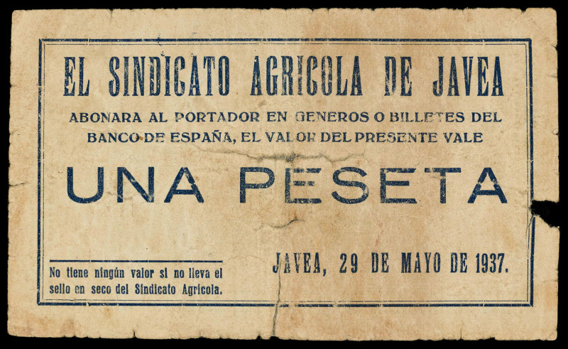 Jávea (Alicante). Sindicato Agrícola. 1 peseta. (T. 862) (KG. 427a) (RGH. 3034)....