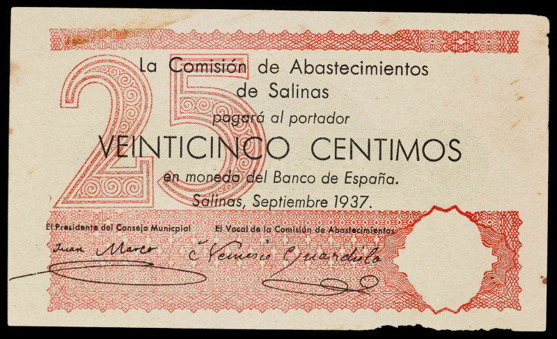 Salinas (Alicante). Comisión de Abastecimientos. 25 céntimos. (T. 1289 var) (KG....