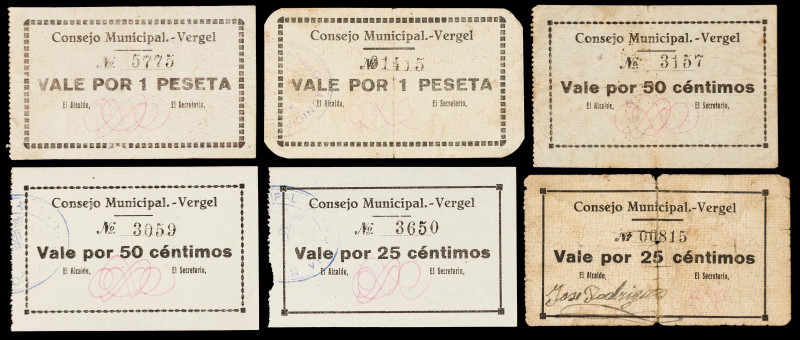 Vergel (Alicante). Consejo Municipal. 25 (dos), 50 céntimos (dos) y 1 peseta (do...