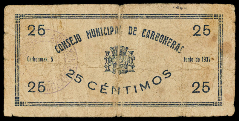 Carboneras (Almería). Consejo Municipal. 25 céntimos. (KG. 240) (RGH. 1612). Esc...