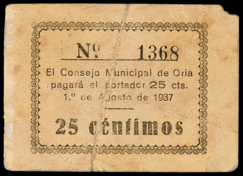 Oría (Almería). Consejo Municipal. 25 céntimos. (KG. falta) (RGH. 3979). Cartón....