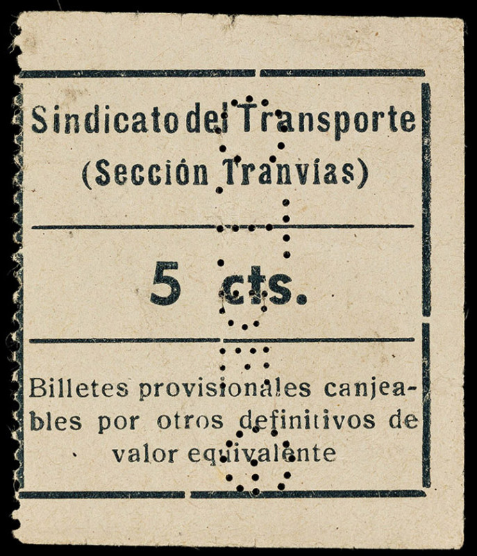 Gijón (Asturias). Sindicato del Transporte (Sección Tranvías). 5 céntimos. (KG. ...