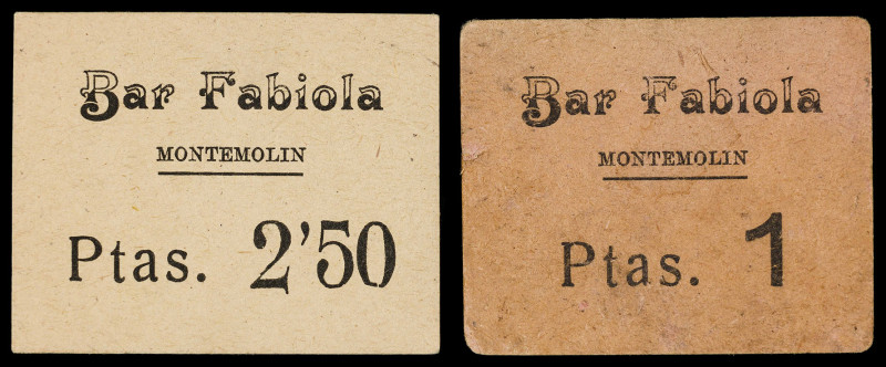 Montemolín (Badajoz). Bar Fabiola. 1 y 2'50 pesetas. 2 cartones. Raros. MBC/MBC+...