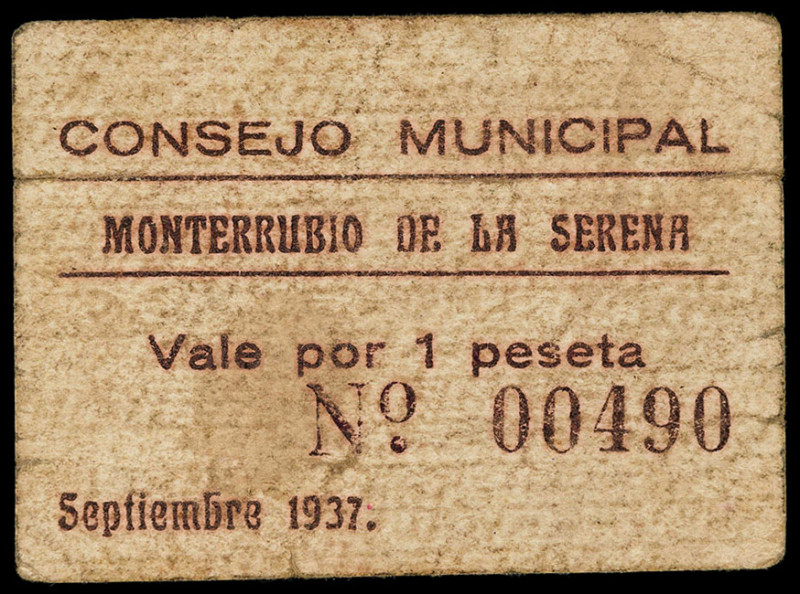 Monterrubio de la Serena (Badajoz). Consejo Municipal. 1 peseta. (KG. 506) (RGH....