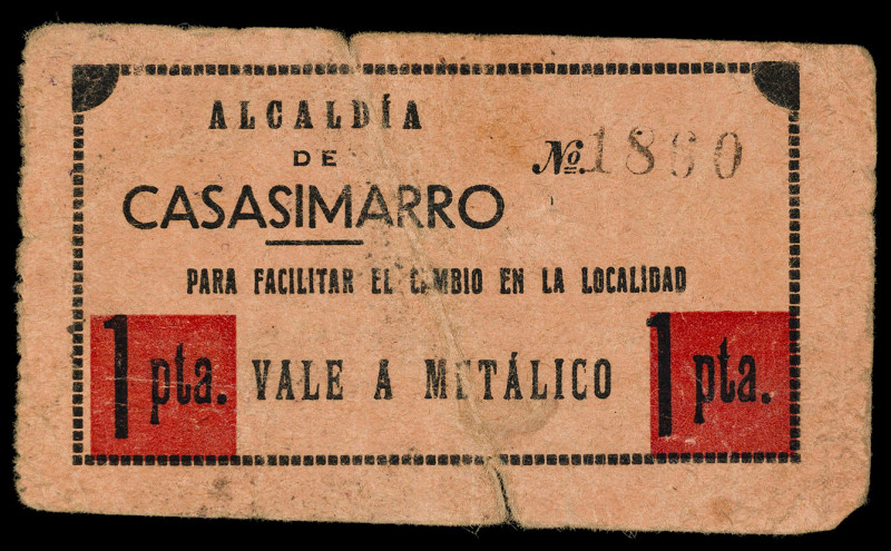 Casasimarro (Cuenca). Alcaldía. 1 peseta "vale a metálico". (KG. falta) (RGH. fa...