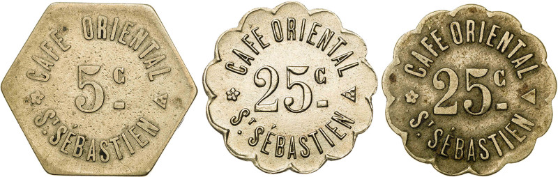 San Sebastián (Guipúzcoa). Café Oriental. 5 y 25 céntimos (dos). 3 monedas. BC+/...