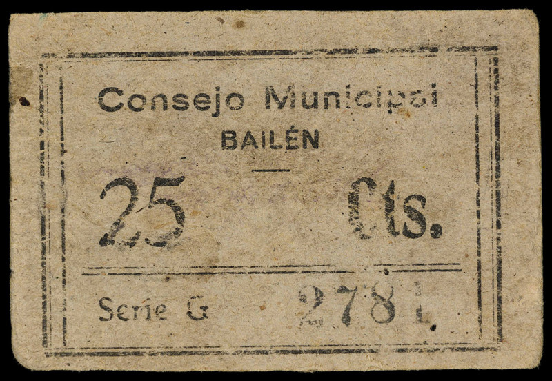 Bailén (Jaén). Consejo Municipal. 25 céntimos. (KG. 121) (RGH. 849). Cartón. Rar...