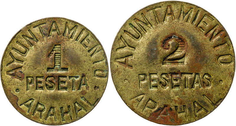 Arahal (Sevilla). 1 y 2 pesetas. (AC. 41 y 42). 2 monedas. EBC-/EBC.