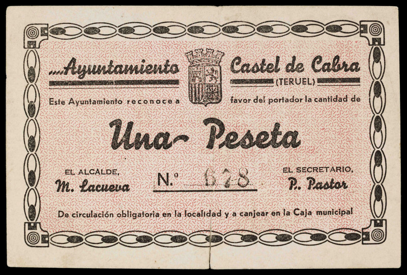 Castel de Cabra (Teruel). Ayuntamiento. 1 peseta. (KG. 258) (RGH. 1756, mismo ej...