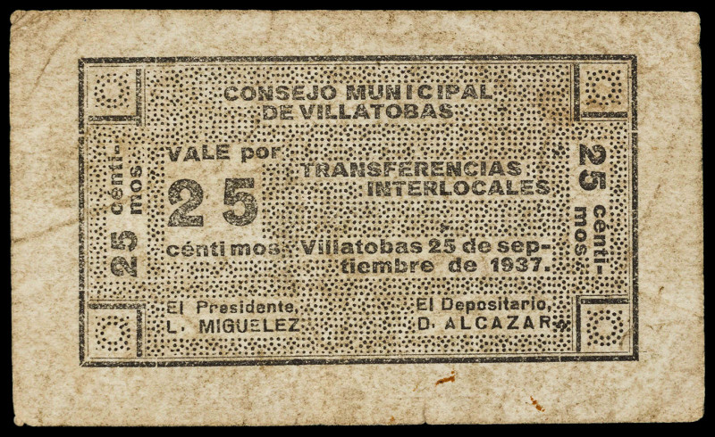 Villatobas (Toledo). Consejo Municipal. 25 céntimos. (KG. 823) (RGH. 5749, mismo...