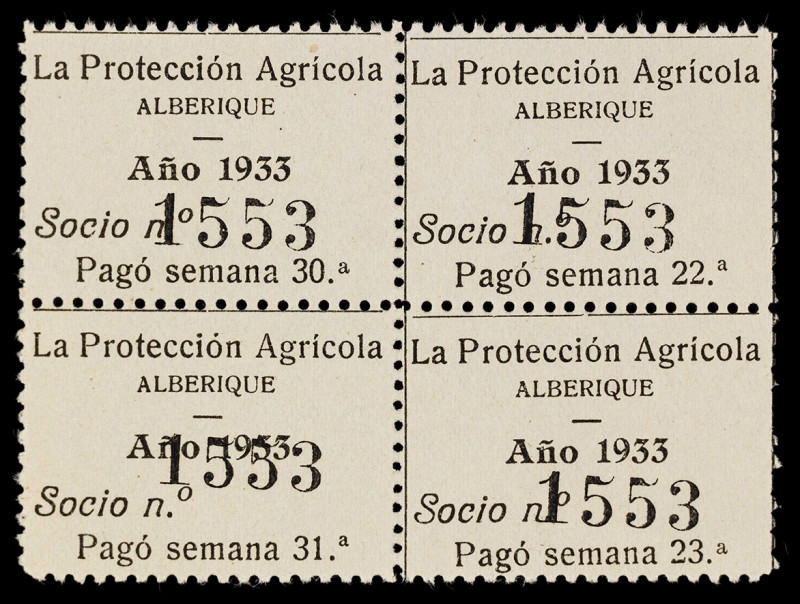 Alberique (Valencia). La Protección Agrícola. 4 cupones sin cortar. Año 1933. MB...