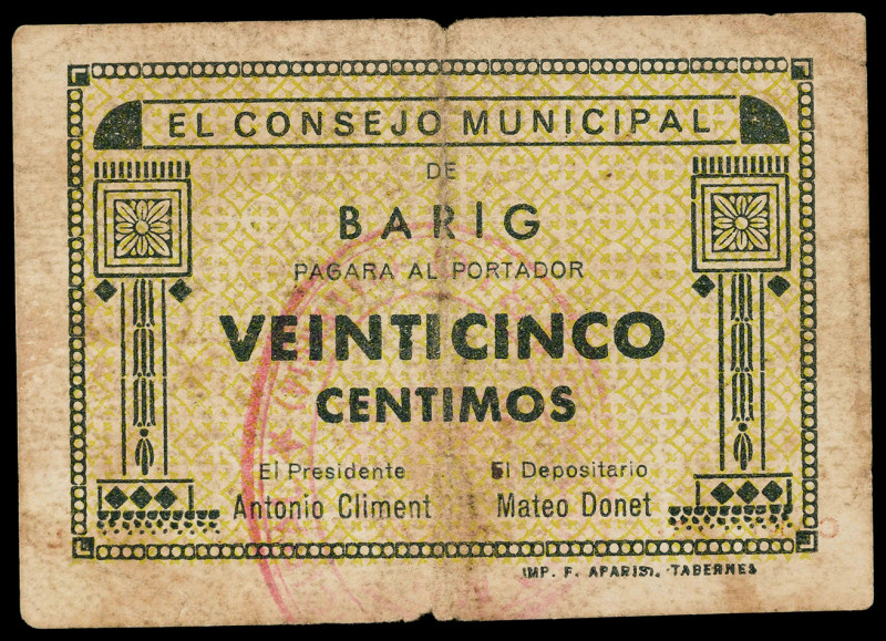 Barig (Valencia). Consejo Municipal. 25 céntimos. (T. 257) (KG. 128) (RGH. 892)....