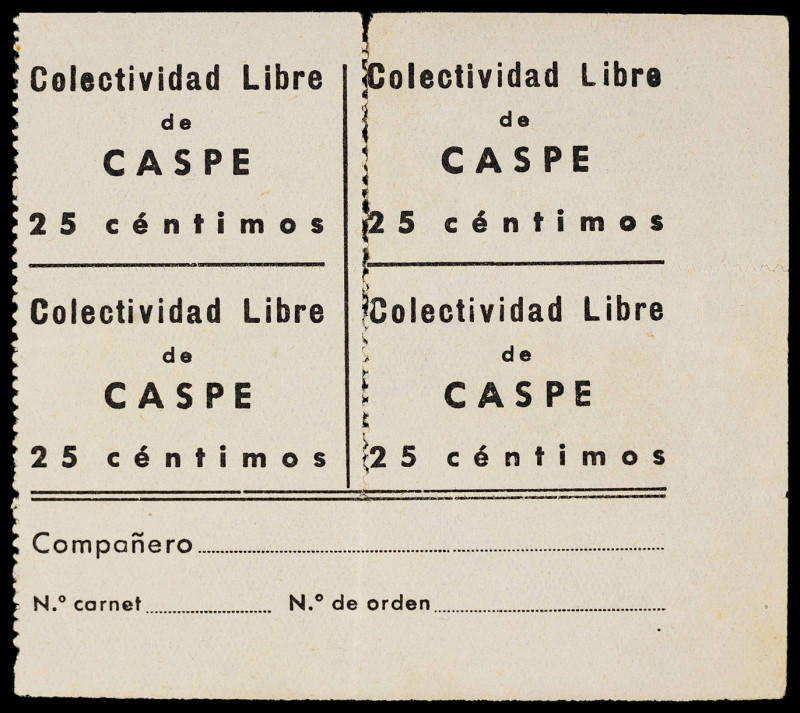 Caspe (Zaragoza). Colectividad Libre. 25 céntimos. Bloque de 4 billetes sin cort...