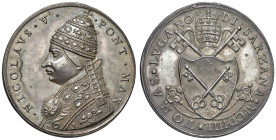 Nicolò V (1447-1455) Tommaso Parentucelli, Incoronazione a Papa, medaglia di restituzione in argento - opus: Girolamo Paladino - Lincoln manca (vedi n...