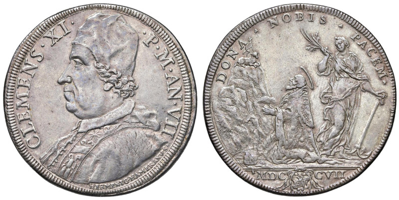 Clemente XI (1700-1721) Piastra 1707 An. VII - Munt. 35 AG (g 31,63) RR Provenie...