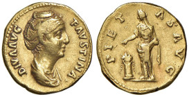 Faustina I Madre (141) Aureo "PIETAS AVG" - RIC. 394a; Calicò 1799 AU (g 6,80) Perizia fotografica di Numismatica Varesina.

Status: BB