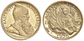ALBANIA Amet Zogu (1925-1939) 20 Franga 1926 R "Fascetto" - Mont. 28 AU RRRRR Di questa moneta, battuta nella zecca di Roma con un piccolo fascio acca...
