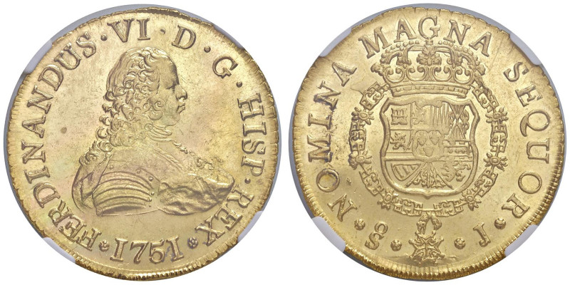 CILE Ferdinando VI (1746-1759) 8 Escudos 1751 So-J, Santiago - Fr. 5, KM#3, Cal....