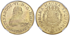 CILE Ferdinando VI (1746-1759) 8 Escudos 1751 So-J, Santiago - Fr. 5, KM#3, Cal. 824, Onza-644 AU In slab NGC MS64 n° 6643526-004. Conservazione eccez...